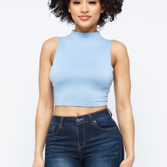 Women's High Neck Crop Tops Basic Racer Back Cropped Tank Sleeveless Shirts - Picture 5 of 7